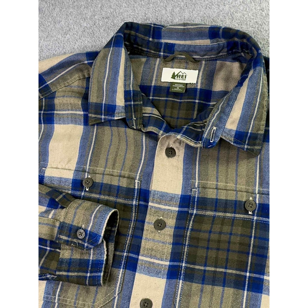 REI Co-Op Shirt Mens M Blue Grey Plaid Outdoors Hiking Wool Button Up Logo